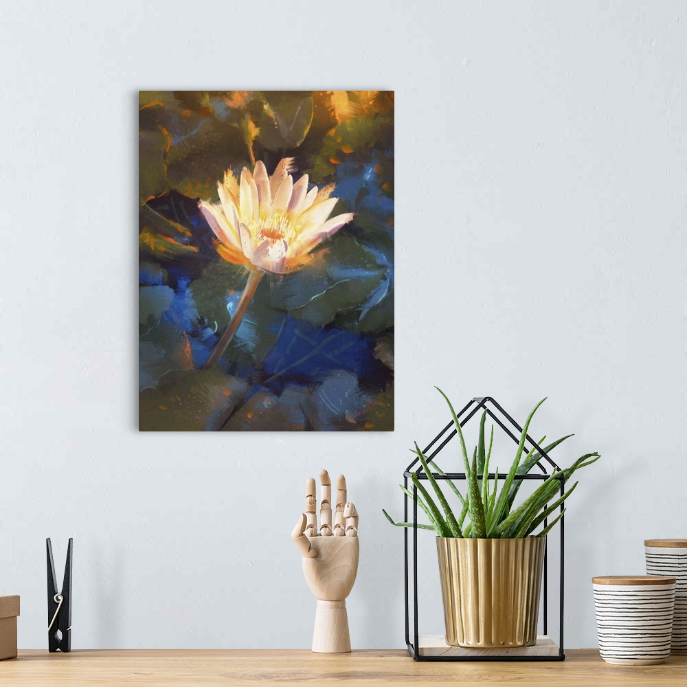 A bohemian room featuring Painting of beautiful yellow lotus blossom, single waterlily flower blooming on pond.