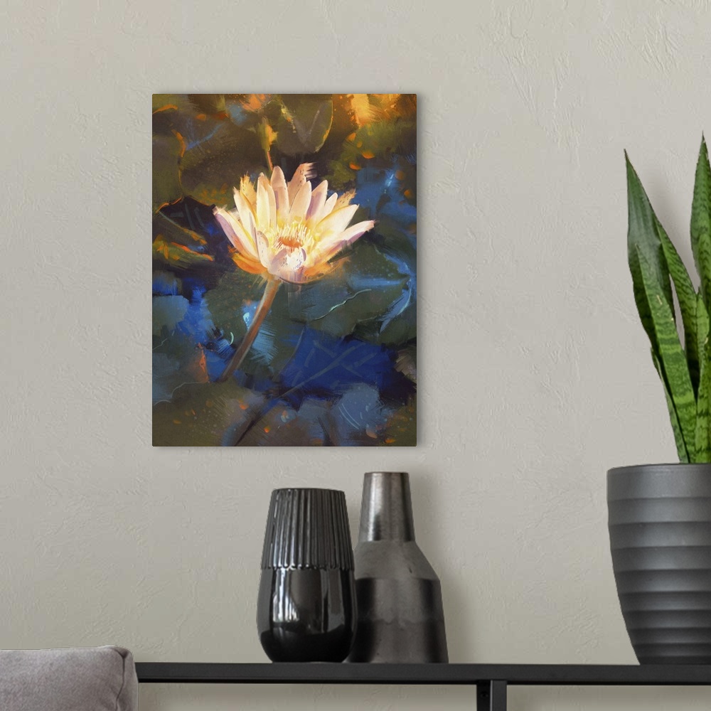 A modern room featuring Painting of beautiful yellow lotus blossom, single waterlily flower blooming on pond.