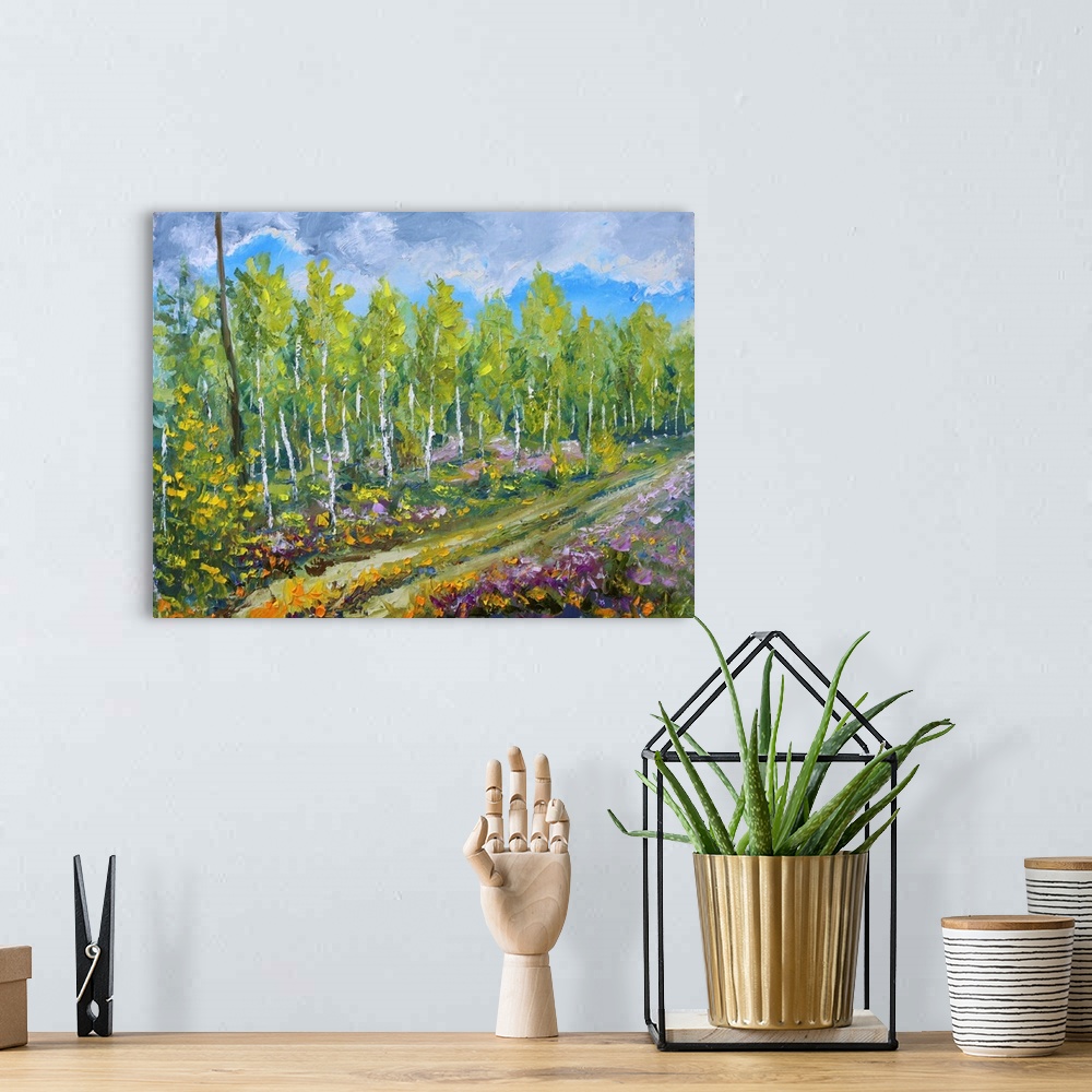 A bohemian room featuring Originally an oil painting of wood, beautiful trees and flowers in the forest on canvas. Beginnin...