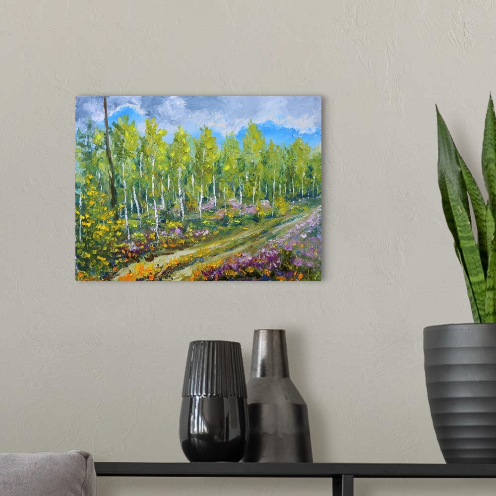 A modern room featuring Originally an oil painting of wood, beautiful trees and flowers in the forest on canvas. Beginnin...