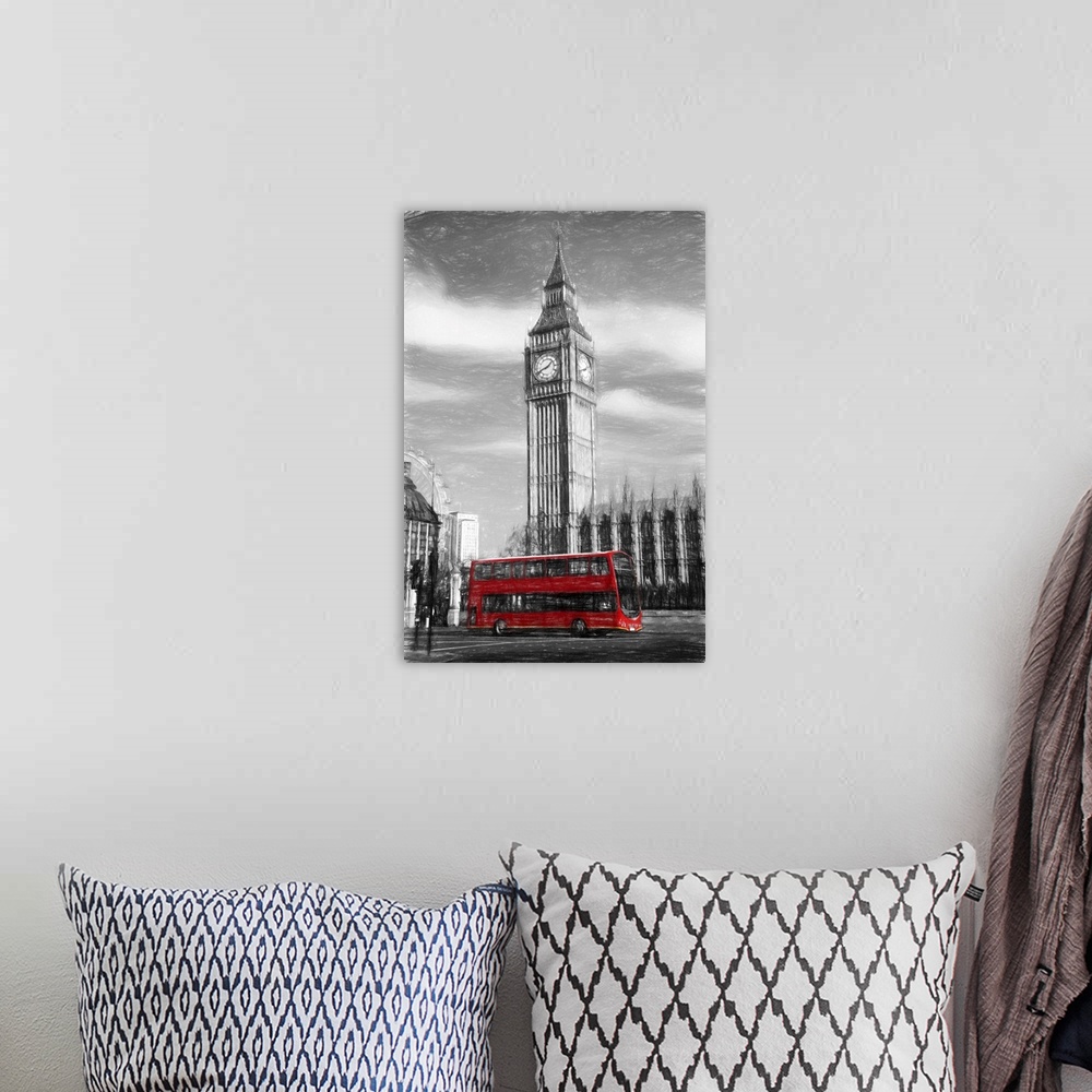 A bohemian room featuring Famous big ben in London, England, united kingdom. Artwork style.