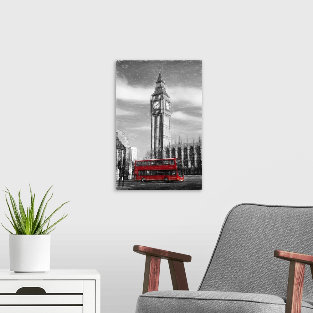 A modern room featuring Famous big ben in London, England, united kingdom. Artwork style.