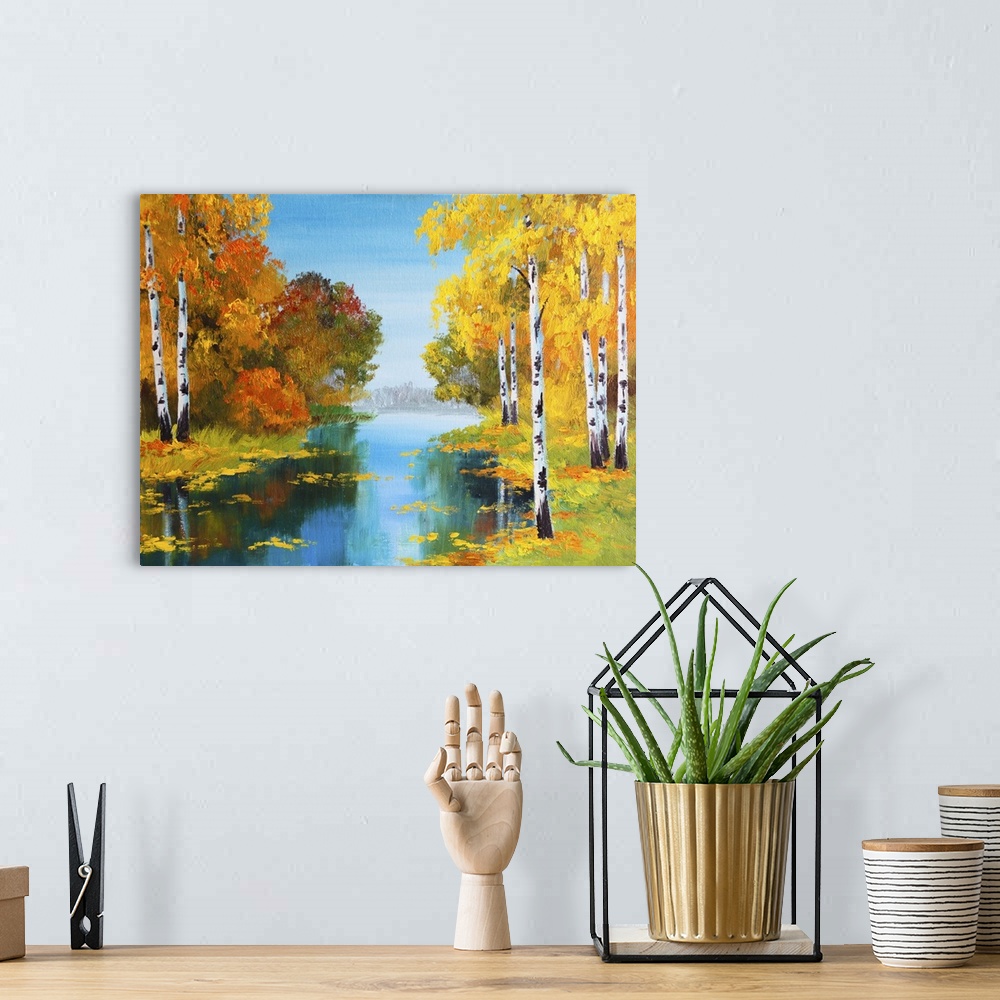 A bohemian room featuring Originally an oil painting landscape of birch forest near the river.
