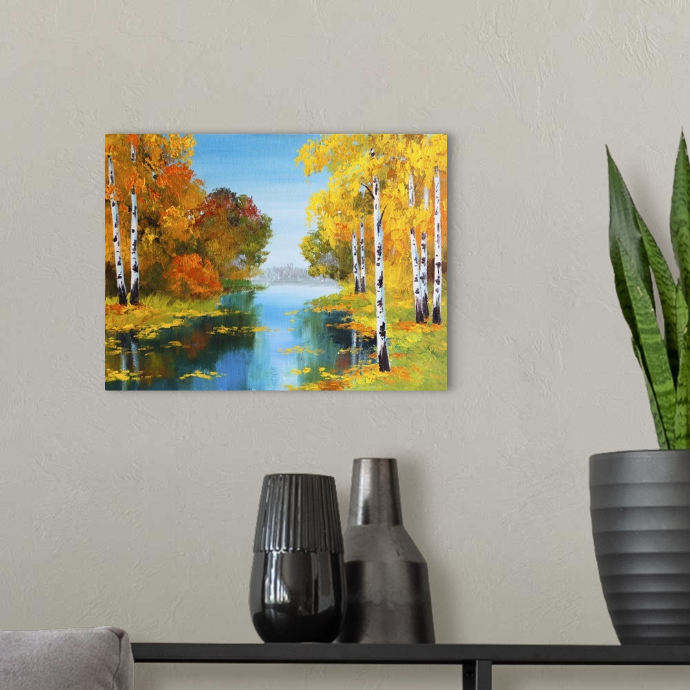 A modern room featuring Originally an oil painting landscape of birch forest near the river.