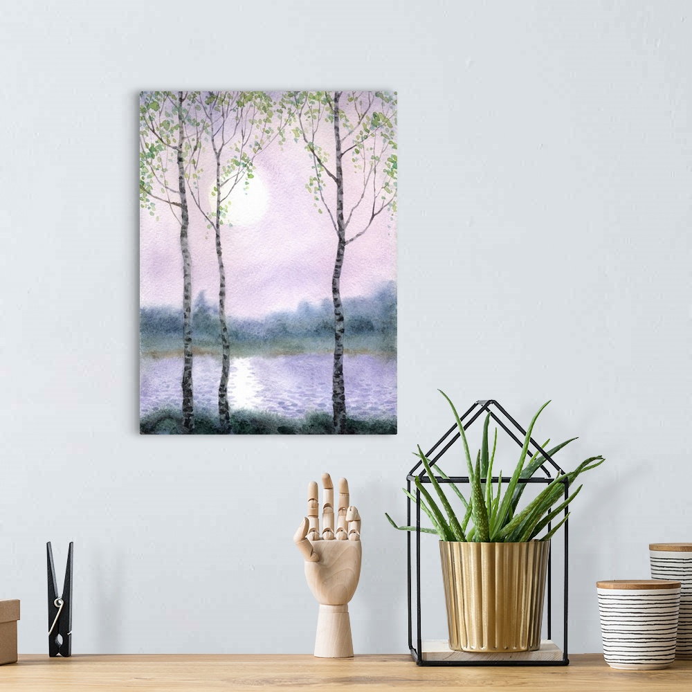 A bohemian room featuring Watercolor landsca of spring birch trees on a quiet misty morning on the river.
