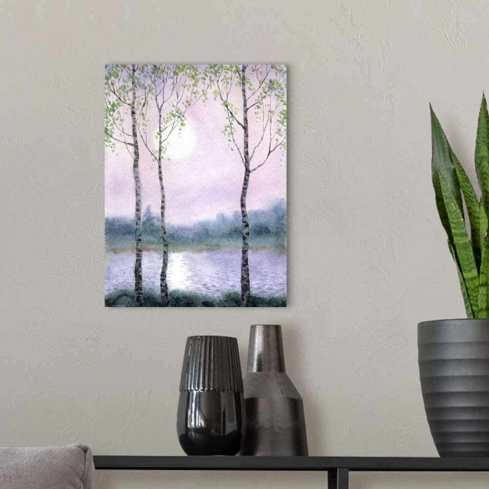 A modern room featuring Watercolor landsca of spring birch trees on a quiet misty morning on the river.