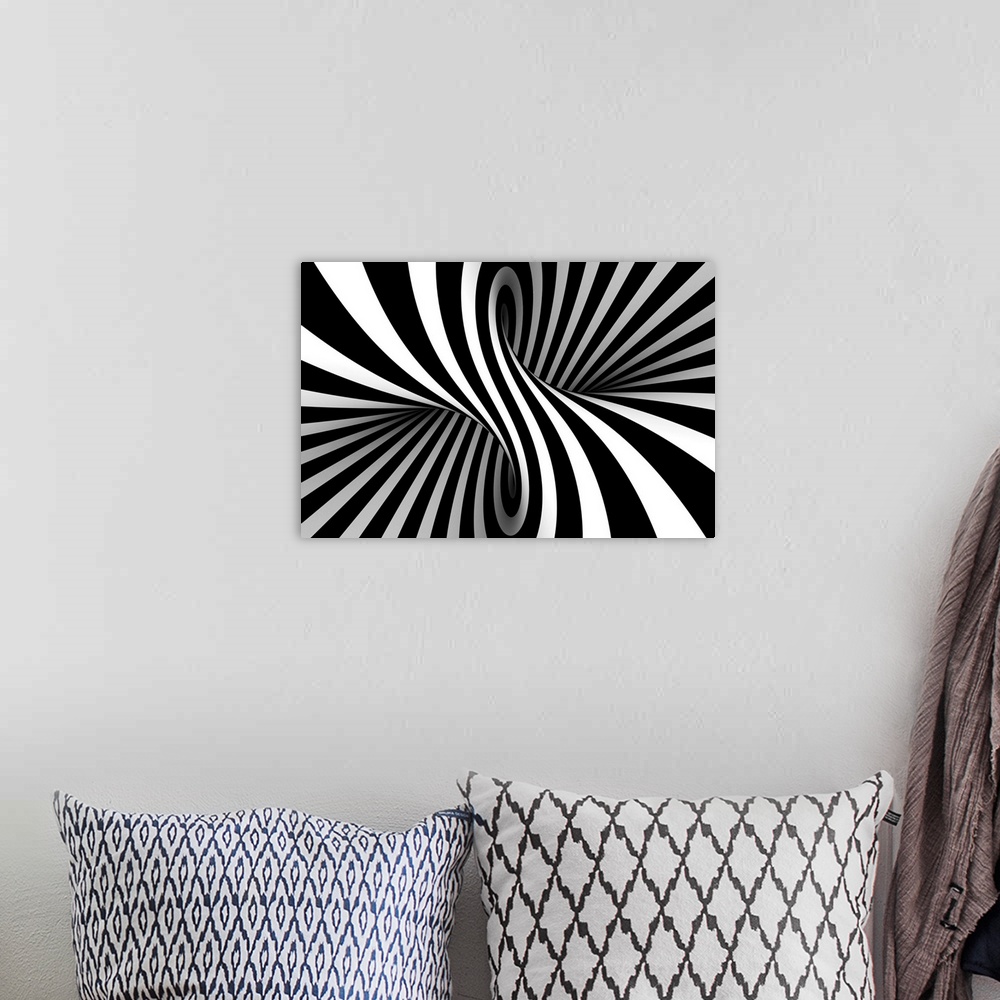 A bohemian room featuring Black and white abstract.