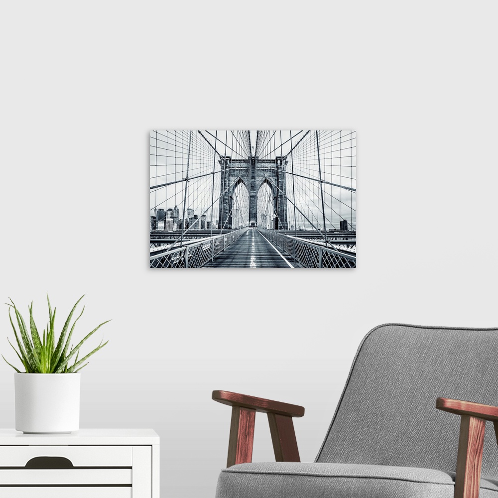 A modern room featuring Black And White Brooklyn Bridge
