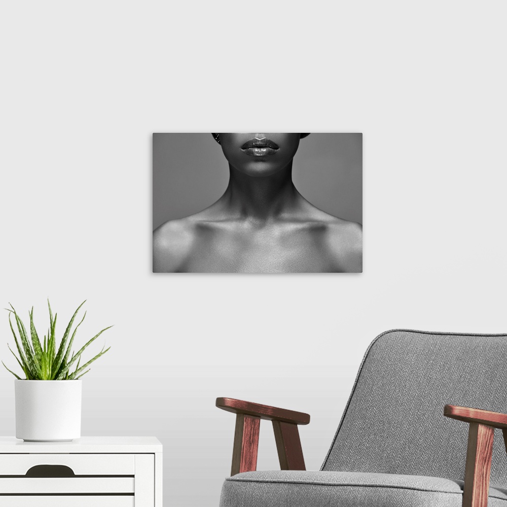A modern room featuring Black And White Photo Of African-American Woman