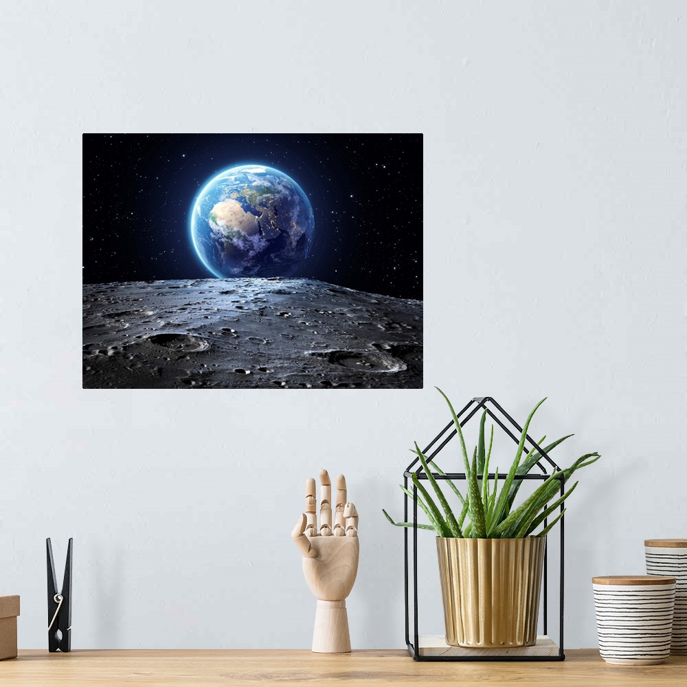A bohemian room featuring Blue earth seen from the moon surface.