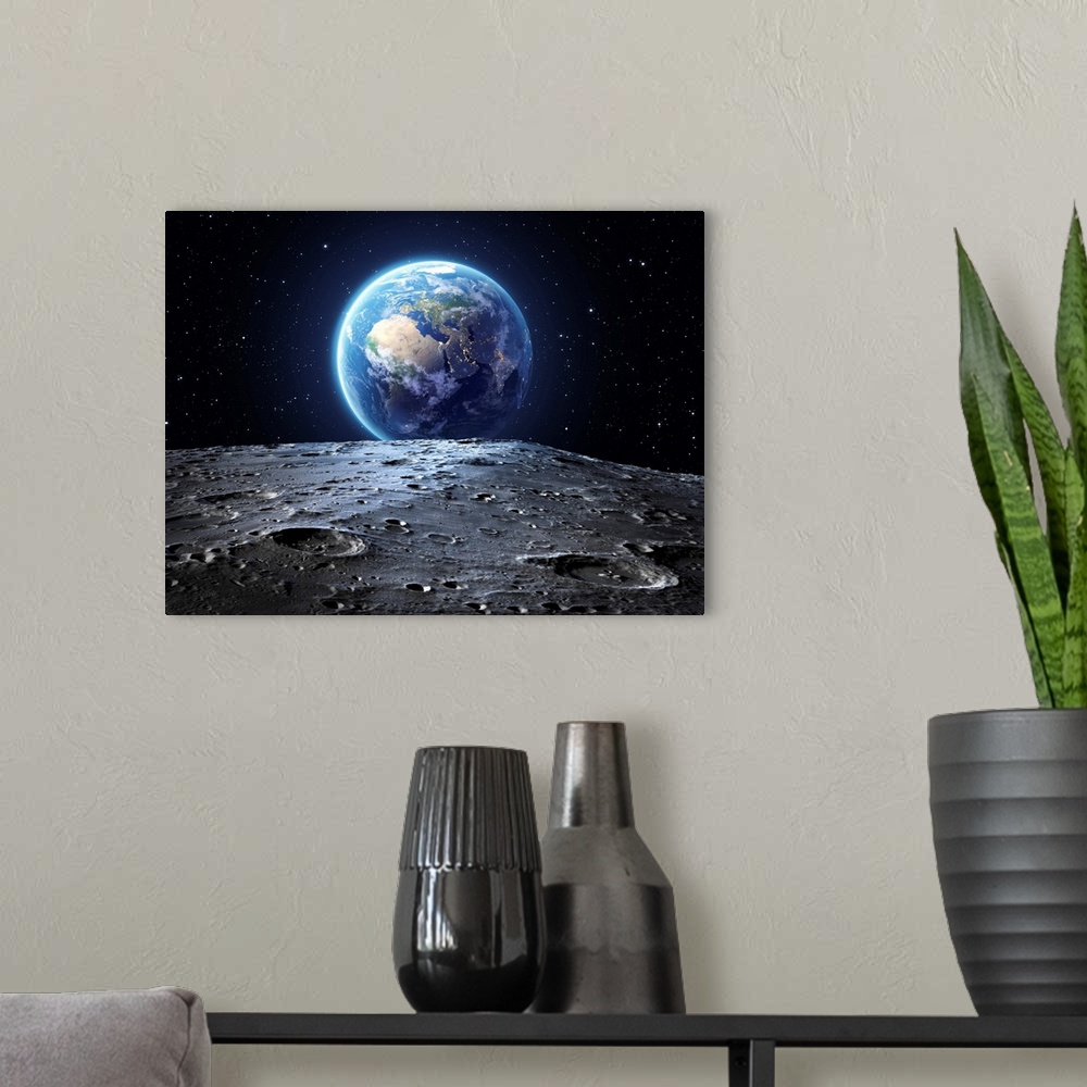 A modern room featuring Blue earth seen from the moon surface.