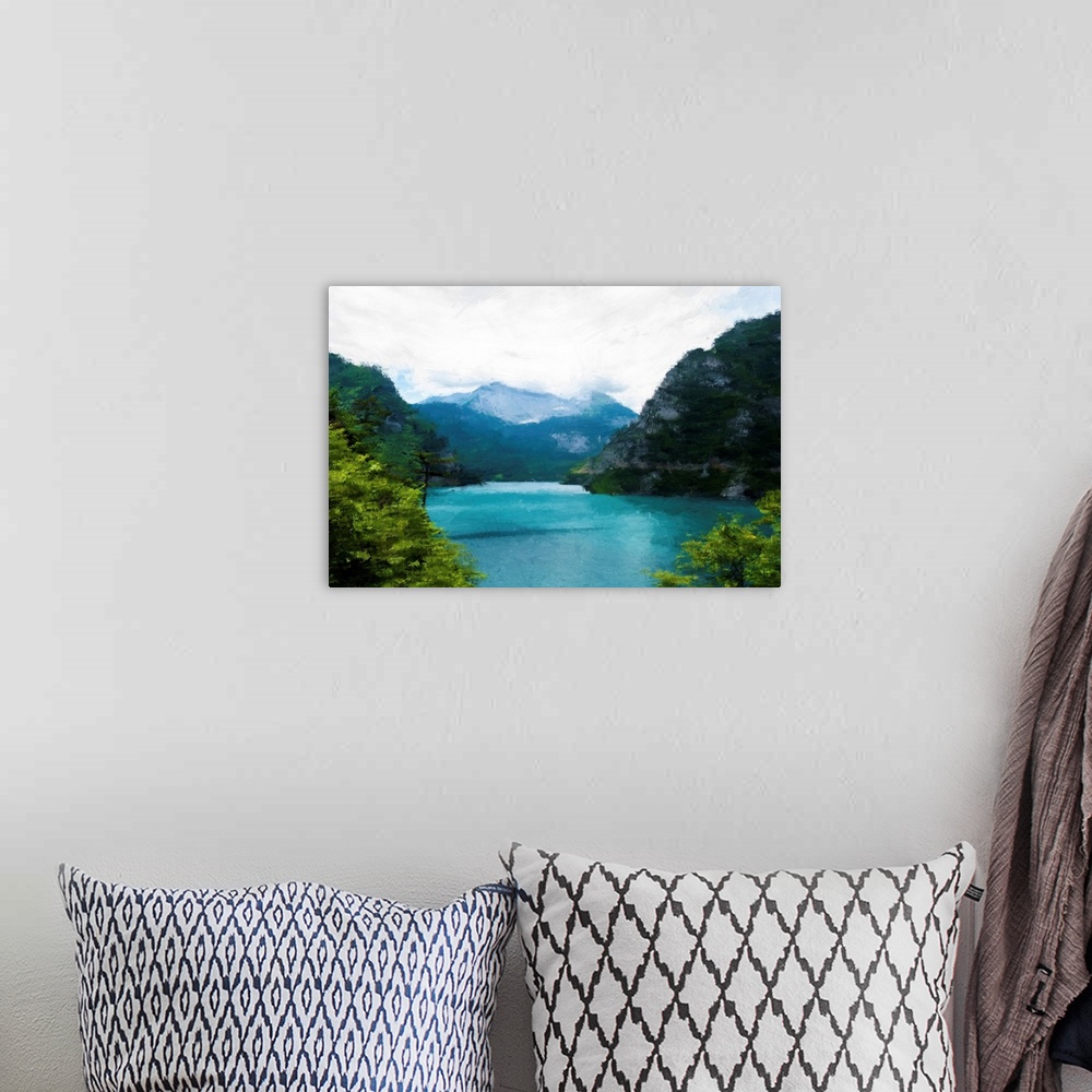 A bohemian room featuring Painted blue lake near green trees and mountains.