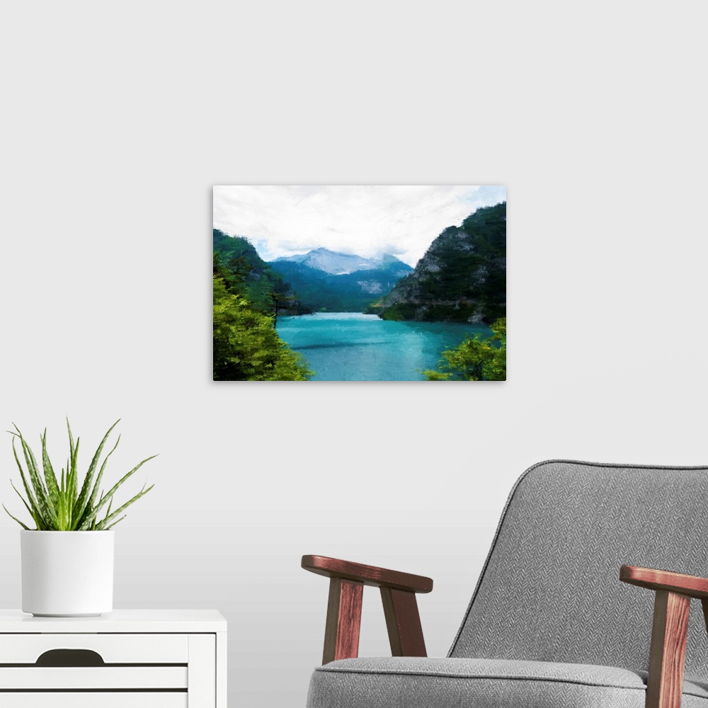 A modern room featuring Painted blue lake near green trees and mountains.