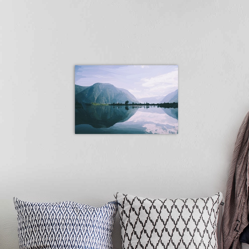 A bohemian room featuring Painted blue sky with clouds and mountains and lake.