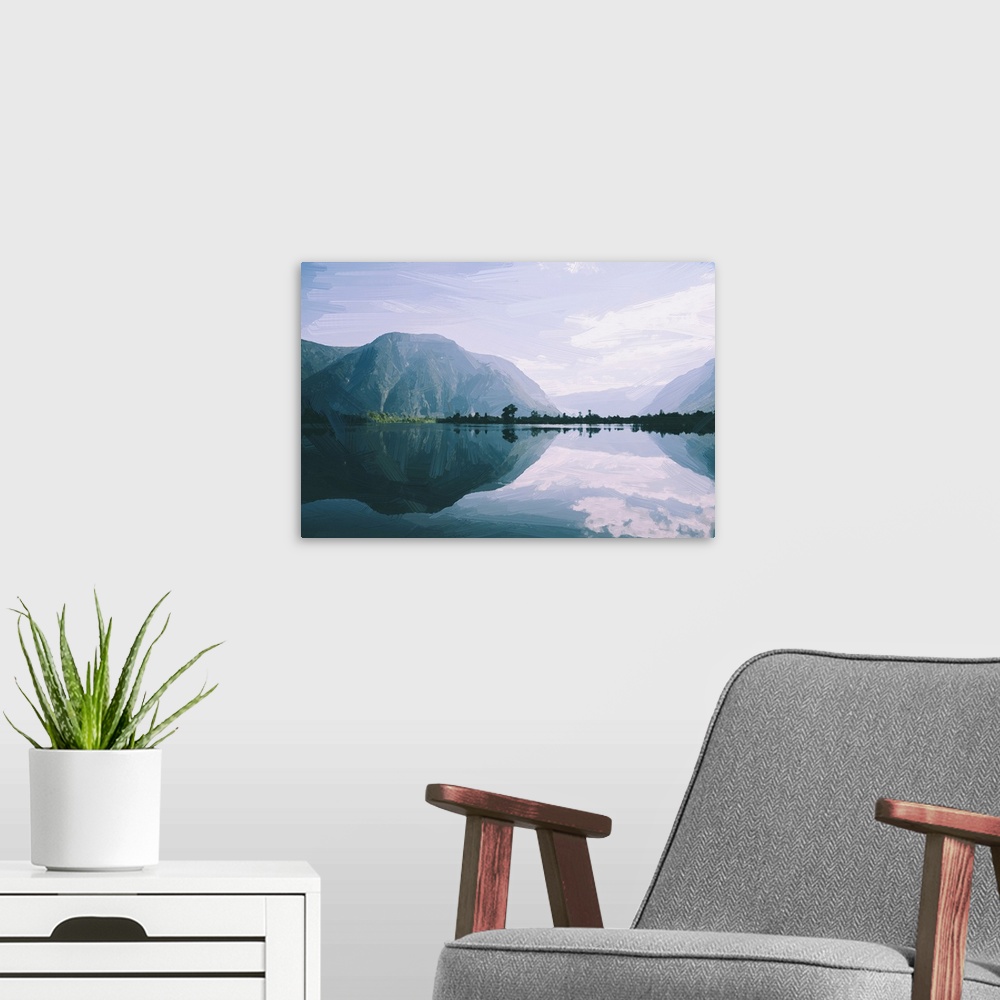 A modern room featuring Painted blue sky with clouds and mountains and lake.