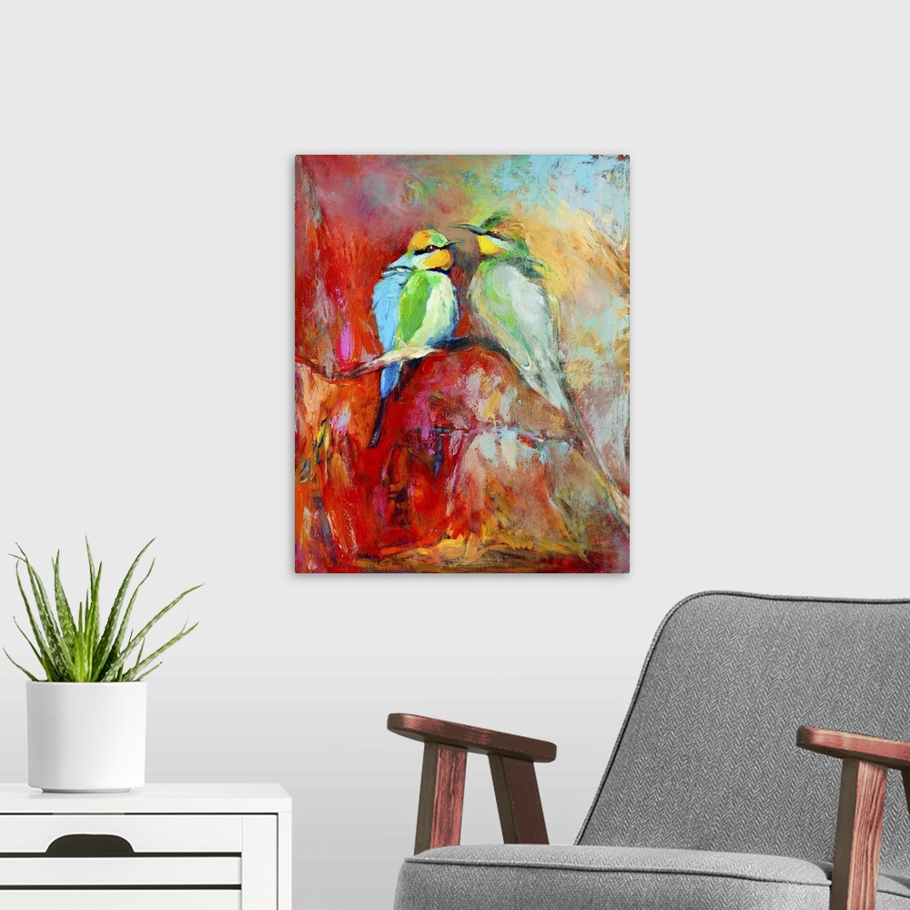 A modern room featuring Originally an oil painting of blue tailed bee eaters, song birds on canvas. Modern impressionism.