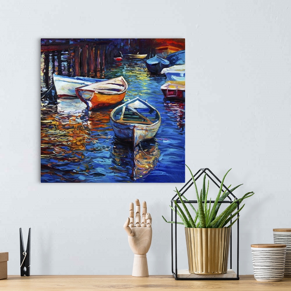 A bohemian room featuring Originally an oil painting of boats and jetty (pier) on canvas. Rich golden sunset over ocean. Mo...