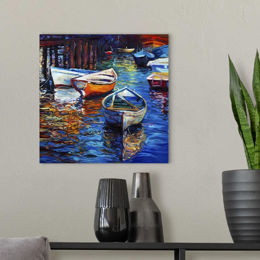 A modern room featuring Originally an oil painting of boats and jetty (pier) on canvas. Rich golden sunset over ocean. Mo...