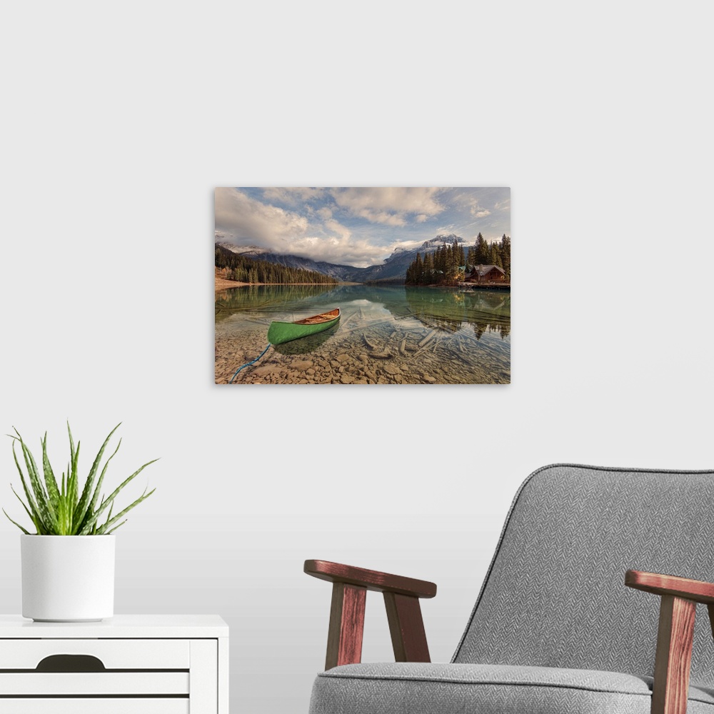 A modern room featuring Boat on emerald lake in Yoho national park, British Columbia, Canada. It is the largest of Yoho's...