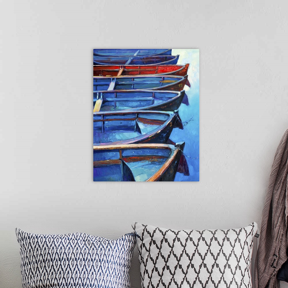 A bohemian room featuring Originally an oil painting of boats and jetty (pier) on canvas. Sunset over the ocean. Modern imp...