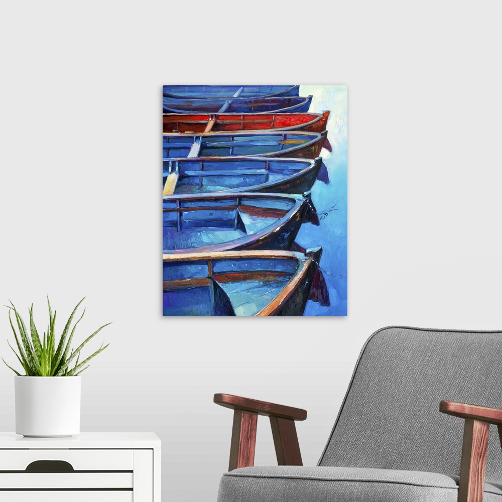 A modern room featuring Originally an oil painting of boats and jetty (pier) on canvas. Sunset over the ocean. Modern imp...