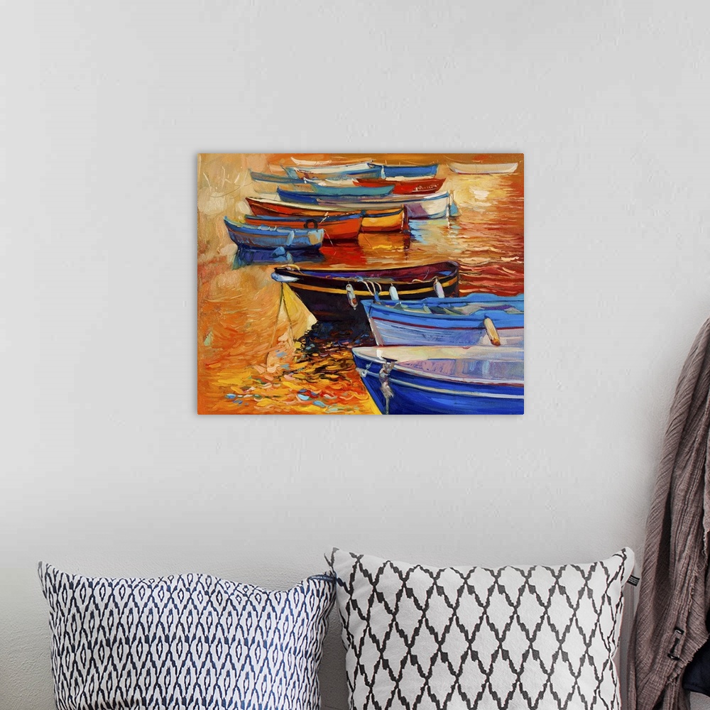 A bohemian room featuring Originally an oil painting of boats and jetty (pier) with lighthouse on canvas. Sunset over ocean...