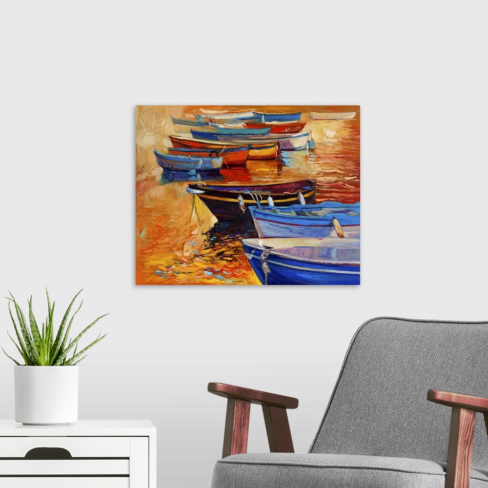 A modern room featuring Originally an oil painting of boats and jetty (pier) with lighthouse on canvas. Sunset over ocean...