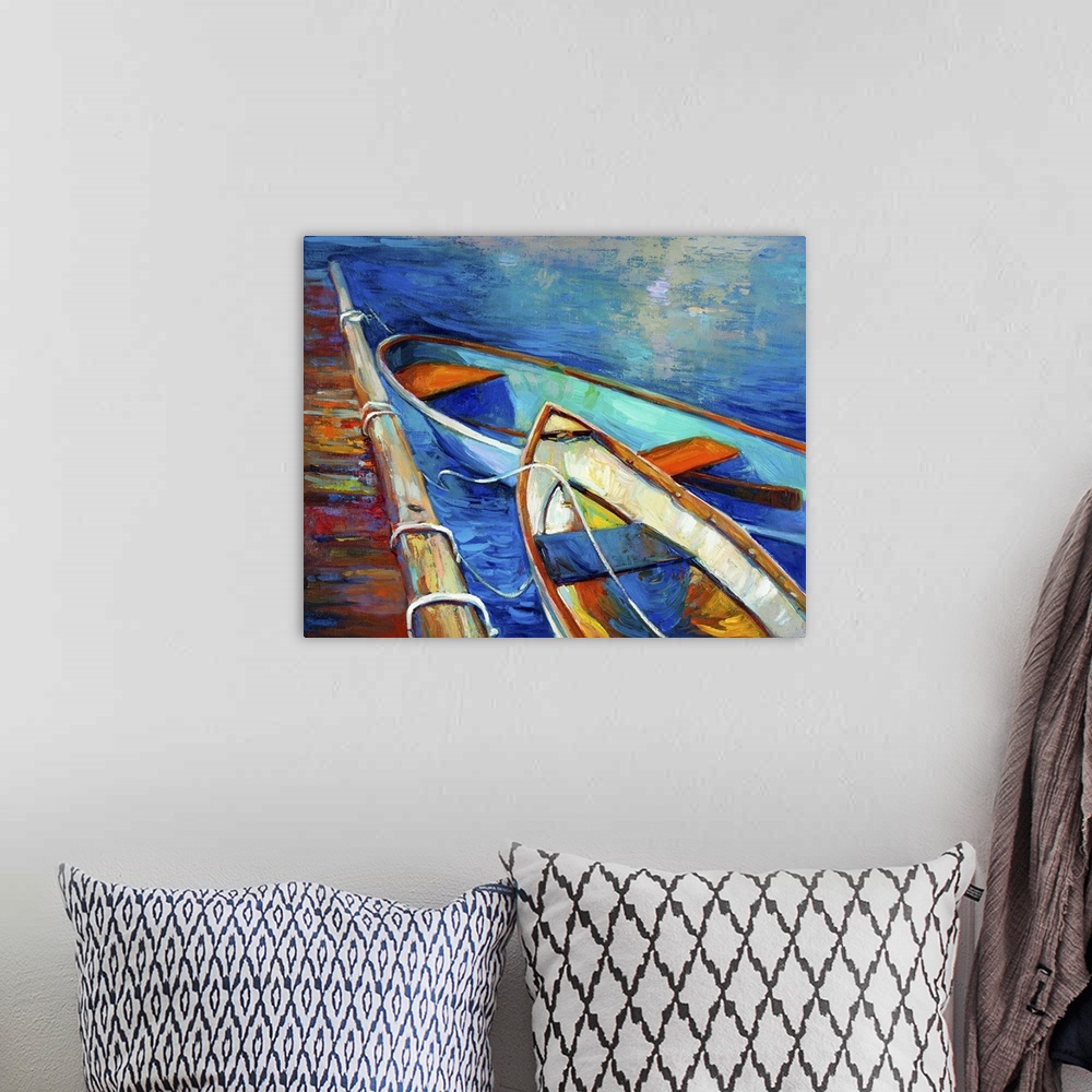A bohemian room featuring Originally an oil painting of boat and jetty (pier) on canvas. Sunset over ocean. Modern impressi...