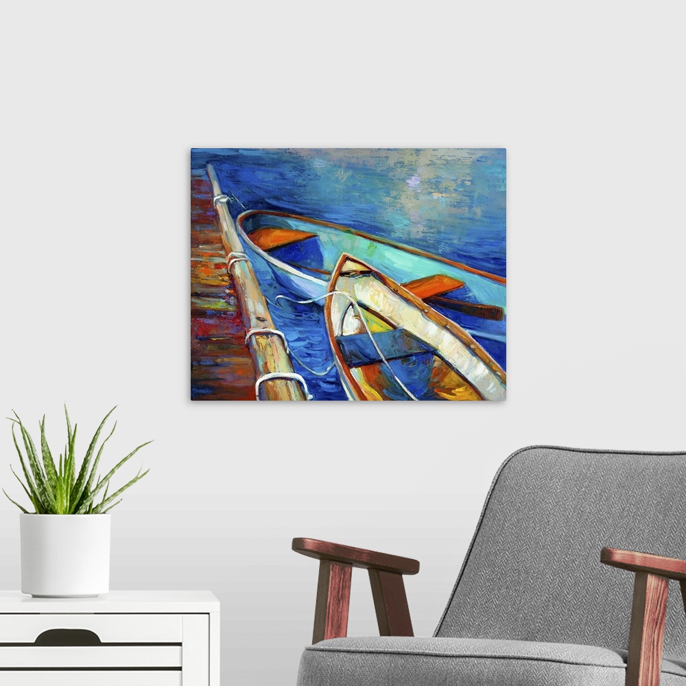 A modern room featuring Originally an oil painting of boat and jetty (pier) on canvas. Sunset over ocean. Modern impressi...