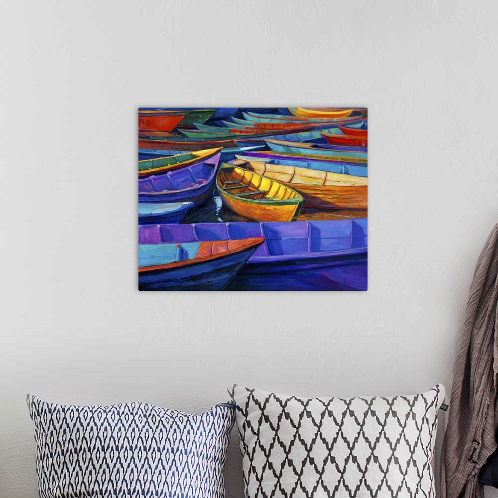 A bohemian room featuring Originally an oil painting of boats and jetty (pier) on canvas. Sunset over ocean. Modern impress...