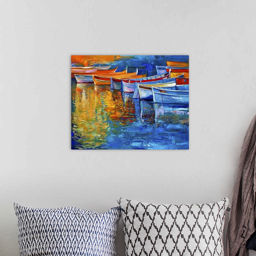 A bohemian room featuring Originally oil painting of boats and jetty (pier) on canvas. Sunset over ocean. Modern impression...
