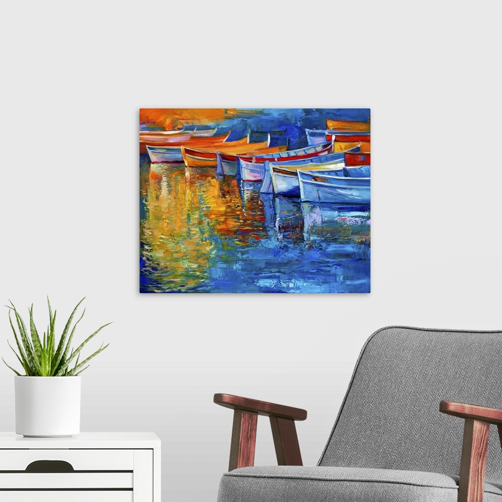 A modern room featuring Originally oil painting of boats and jetty (pier) on canvas. Sunset over ocean. Modern impression...