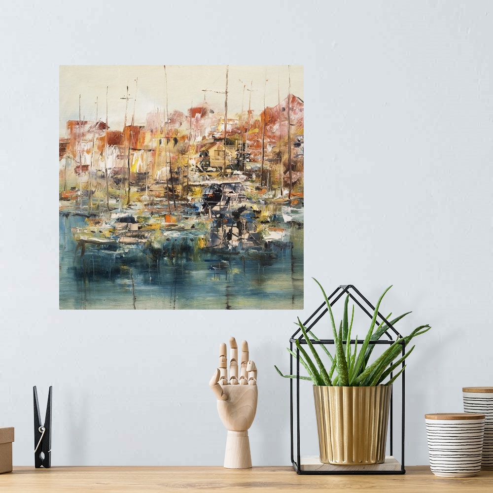 A bohemian room featuring Boats in the harbor, originally an oil painting with mixed media background.