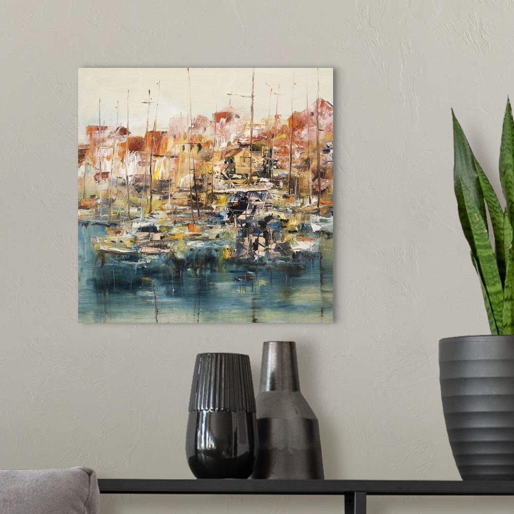 A modern room featuring Boats in the harbor, originally an oil painting with mixed media background.