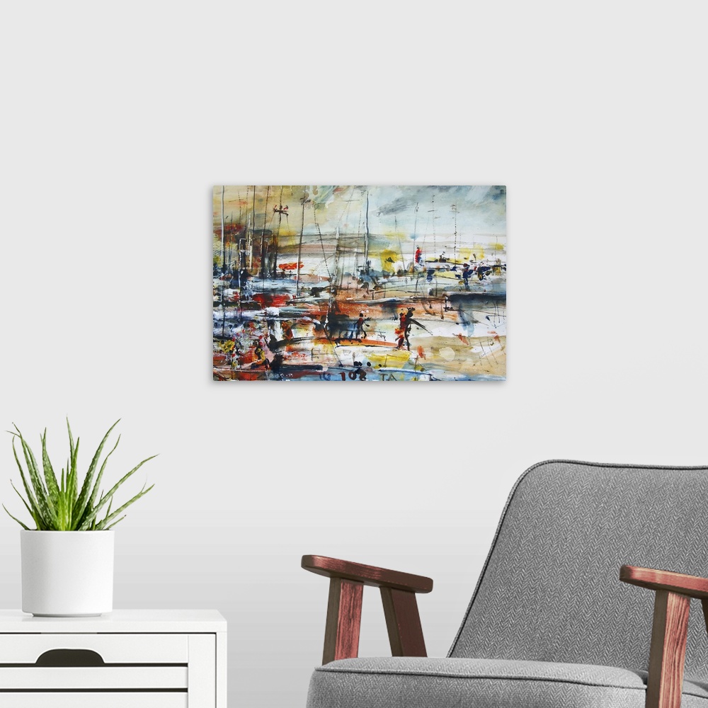 A modern room featuring Boats in the harbor, originally an oil painting.