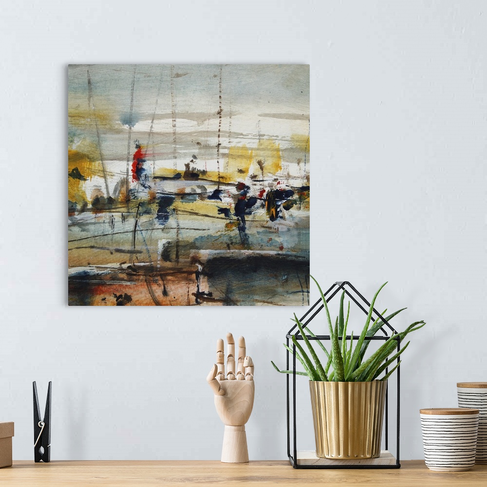 A bohemian room featuring Boats in the harbor, originally an abstract painting background.