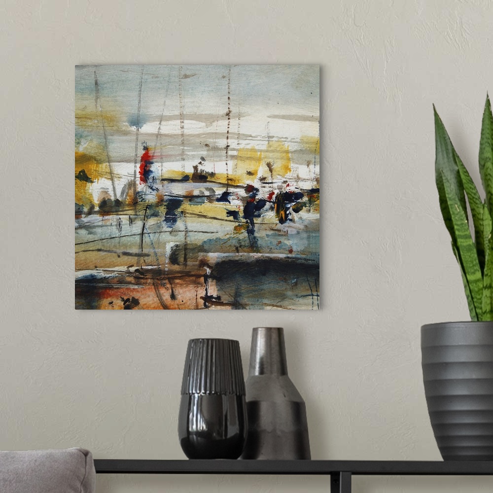 A modern room featuring Boats in the harbor, originally an abstract painting background.