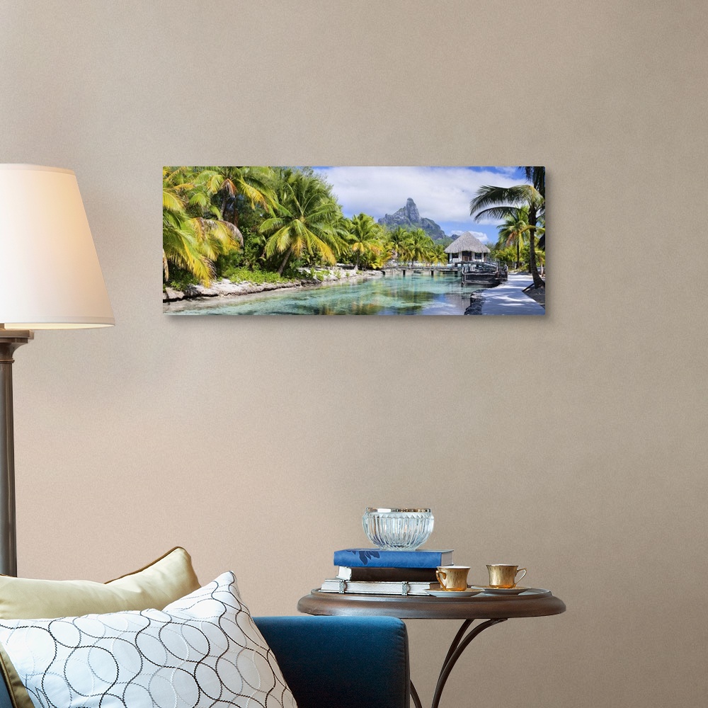 A traditional room featuring Panorama of a beautiful coast with Otemanu mountain view on Bora Bora island.