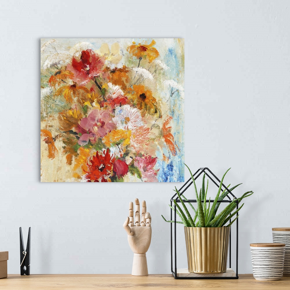 A bohemian room featuring Bouquet of flowers, originally an oil painting.