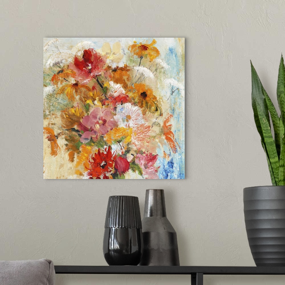 A modern room featuring Bouquet of flowers, originally an oil painting.