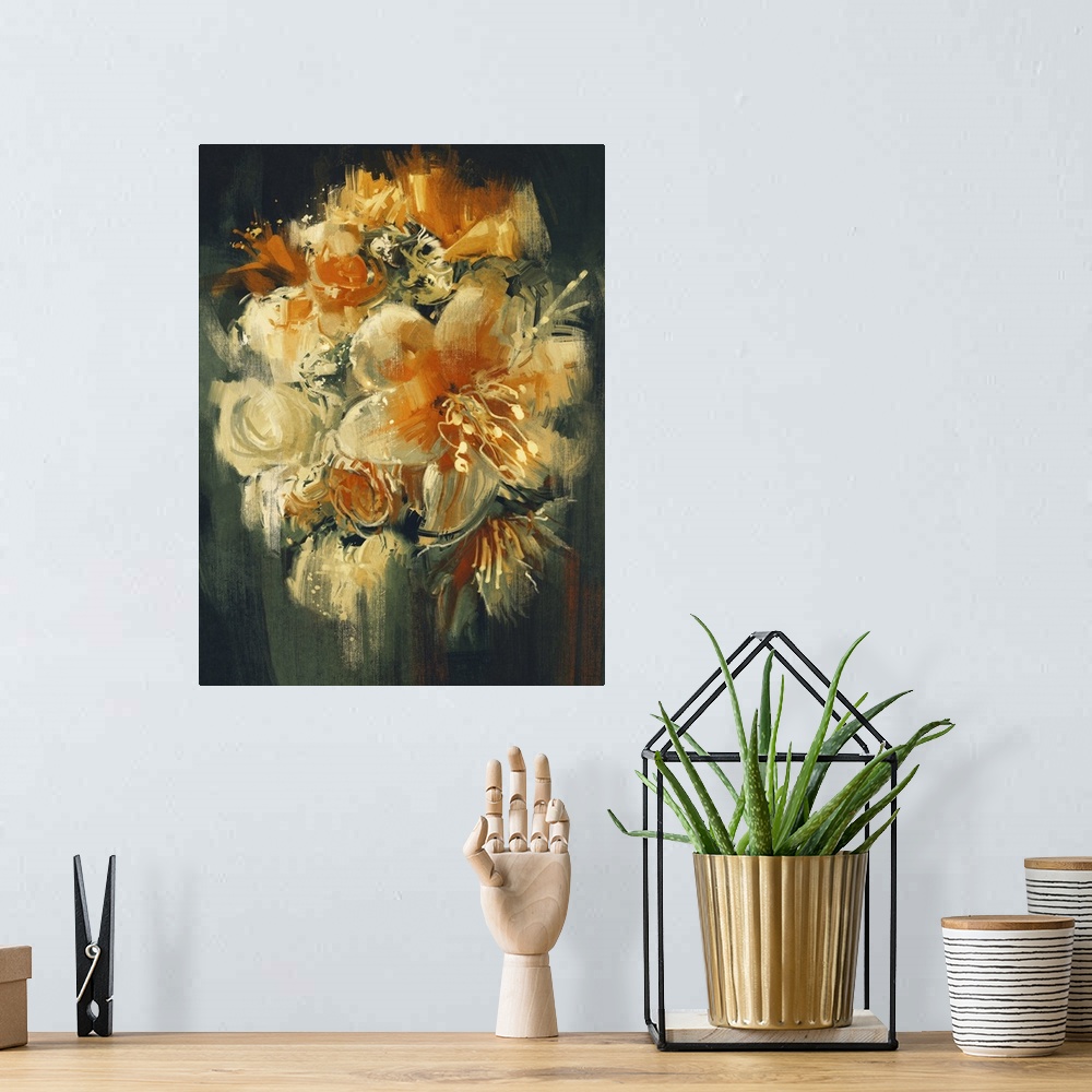 A bohemian room featuring Bouquet flowers in oil painting style, illustration.