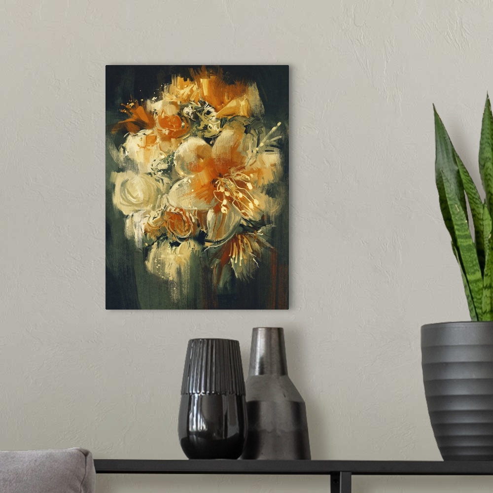 A modern room featuring Bouquet flowers in oil painting style, illustration.