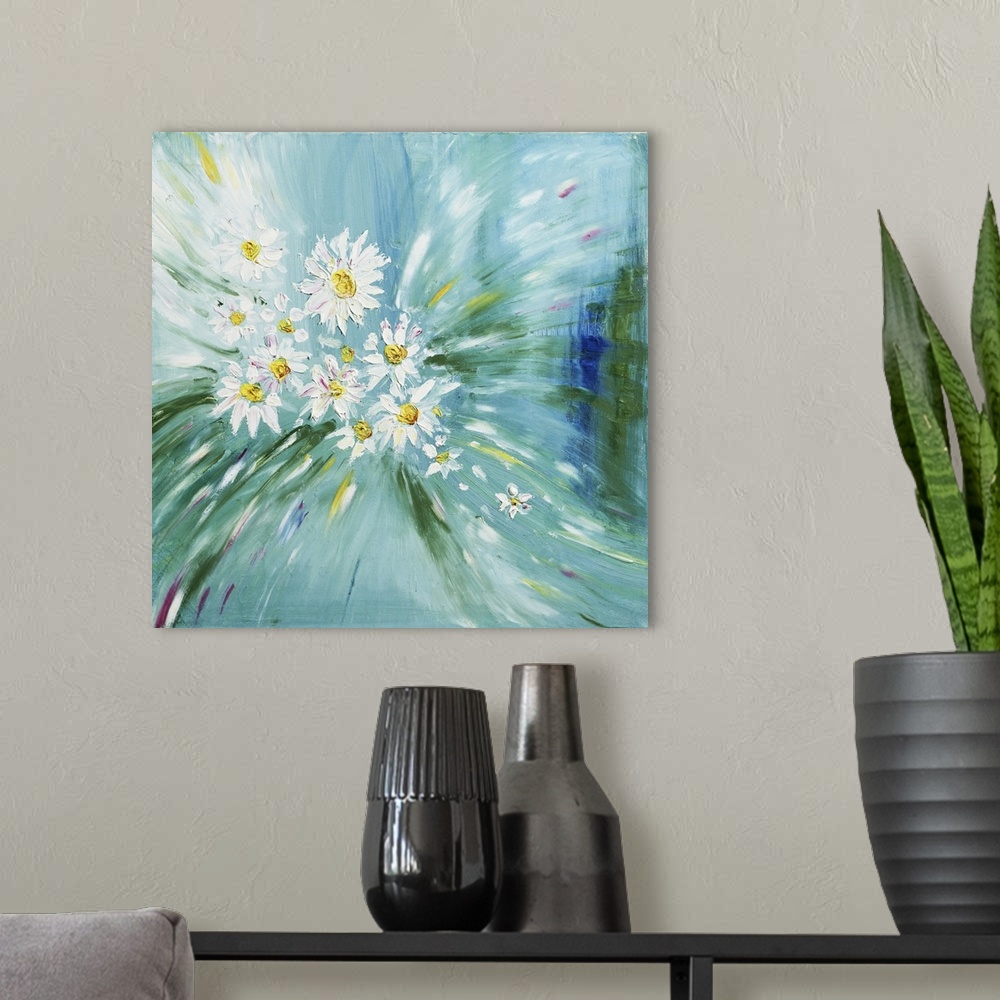 A modern room featuring Blooming peony bouquet. Originally oil painted on canvas.