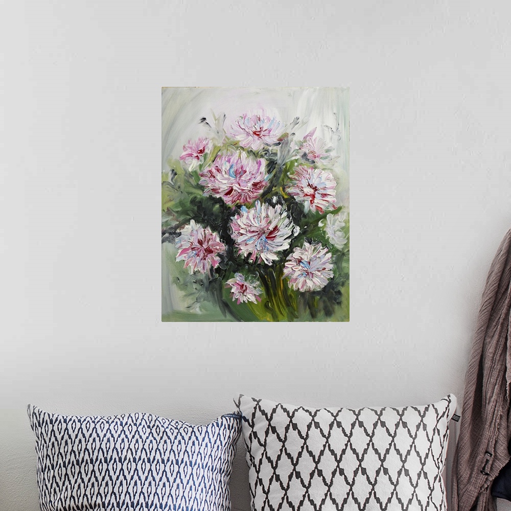 A bohemian room featuring Blooming peony bouquet. Originally oil painted on canvas.