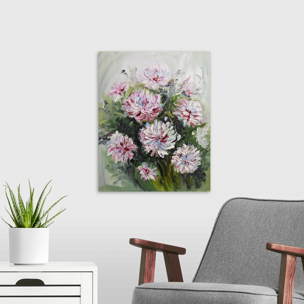 A modern room featuring Blooming peony bouquet. Originally oil painted on canvas.