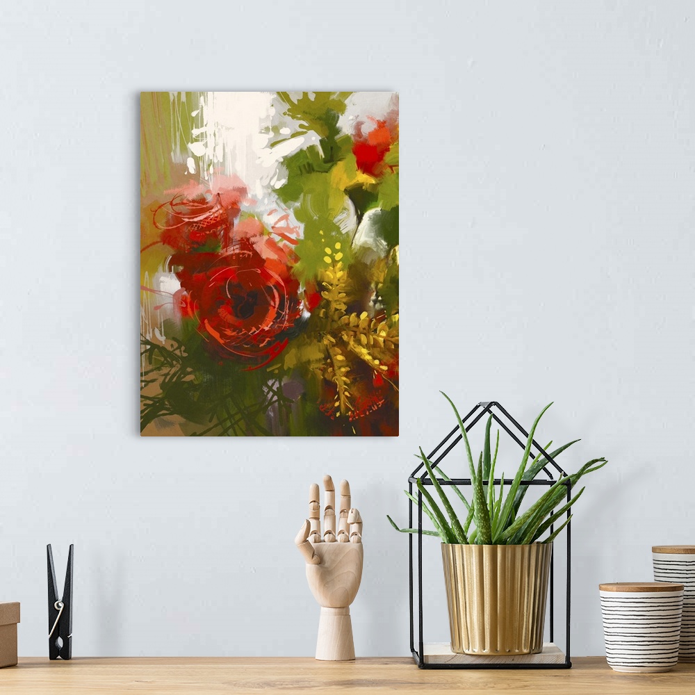 A bohemian room featuring Bouquet of red roses in oil painting style, originally an illustration.
