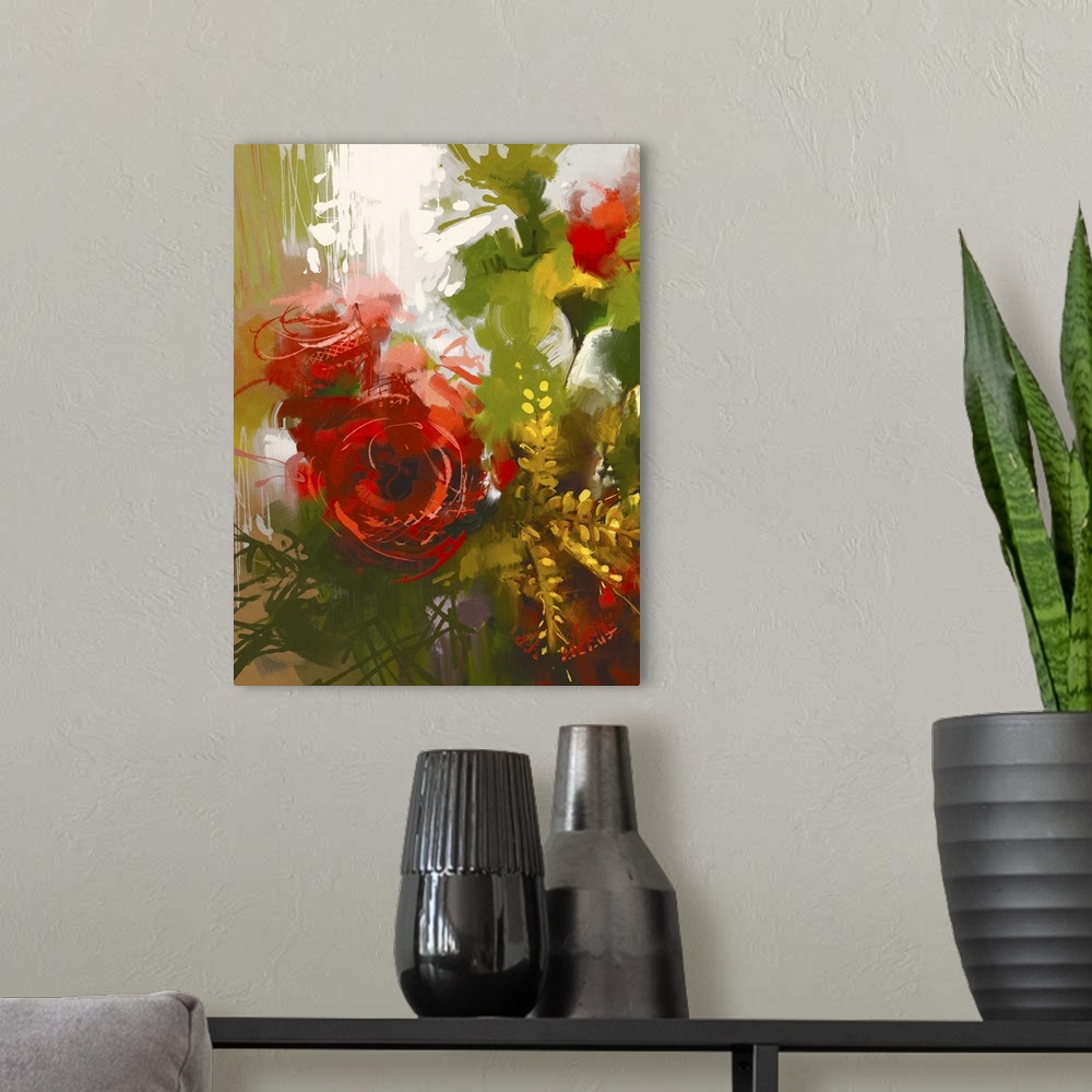 A modern room featuring Bouquet of red roses in oil painting style, originally an illustration.
