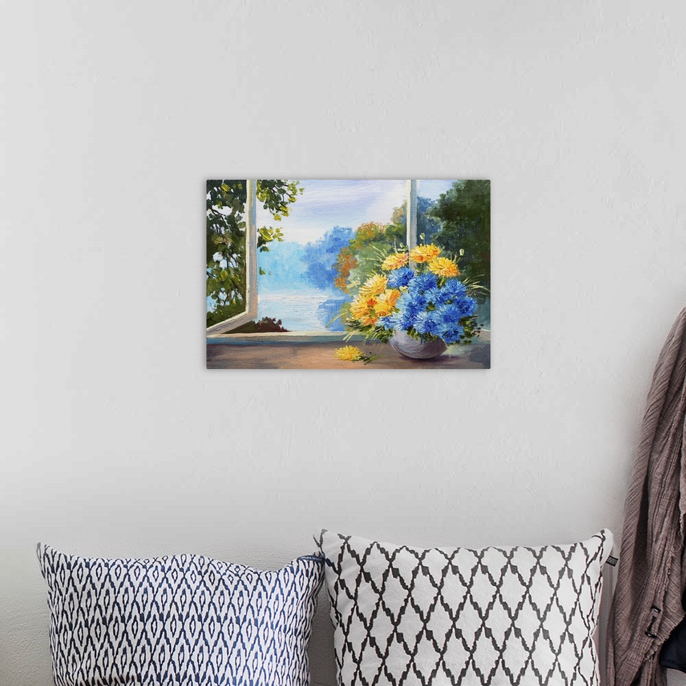 A bohemian room featuring Bouquet of spring flowers on a table near the window, originally an oil painting.