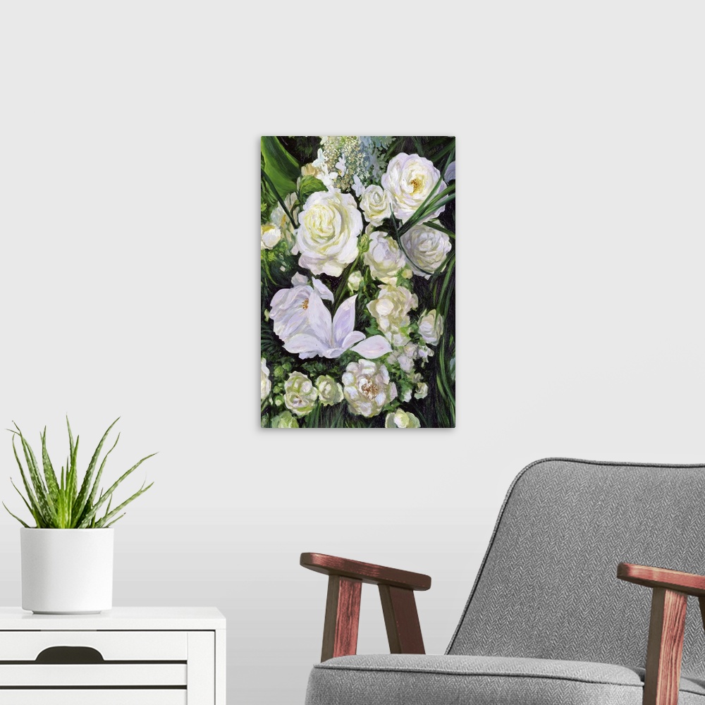 A modern room featuring Bouquet of white roses. Originally oil on canvas.
