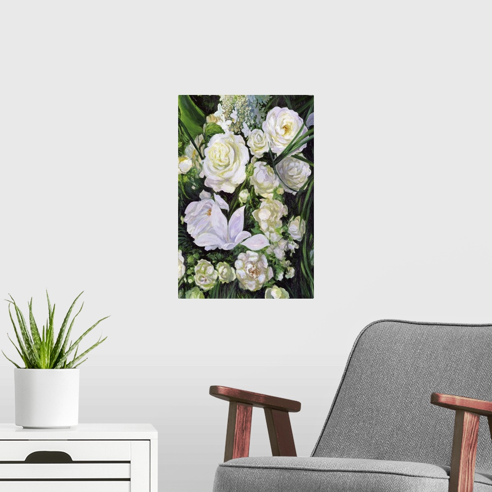 A modern room featuring Bouquet of white roses. Originally oil on canvas.